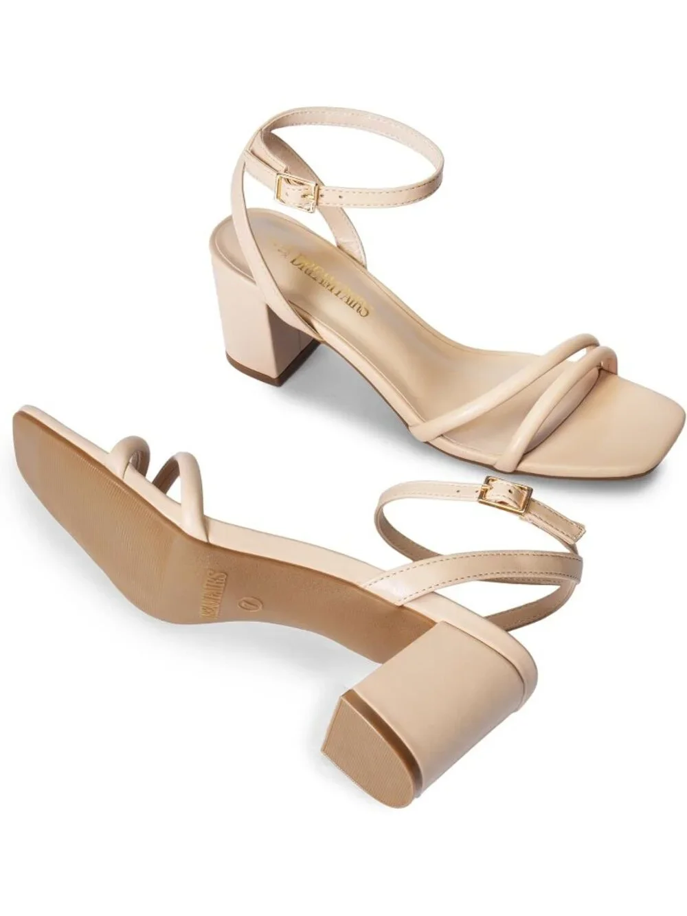 Women's Nude Faux Leather Square-Toe Chunky Block Ankle Buckle Heel Sandals
